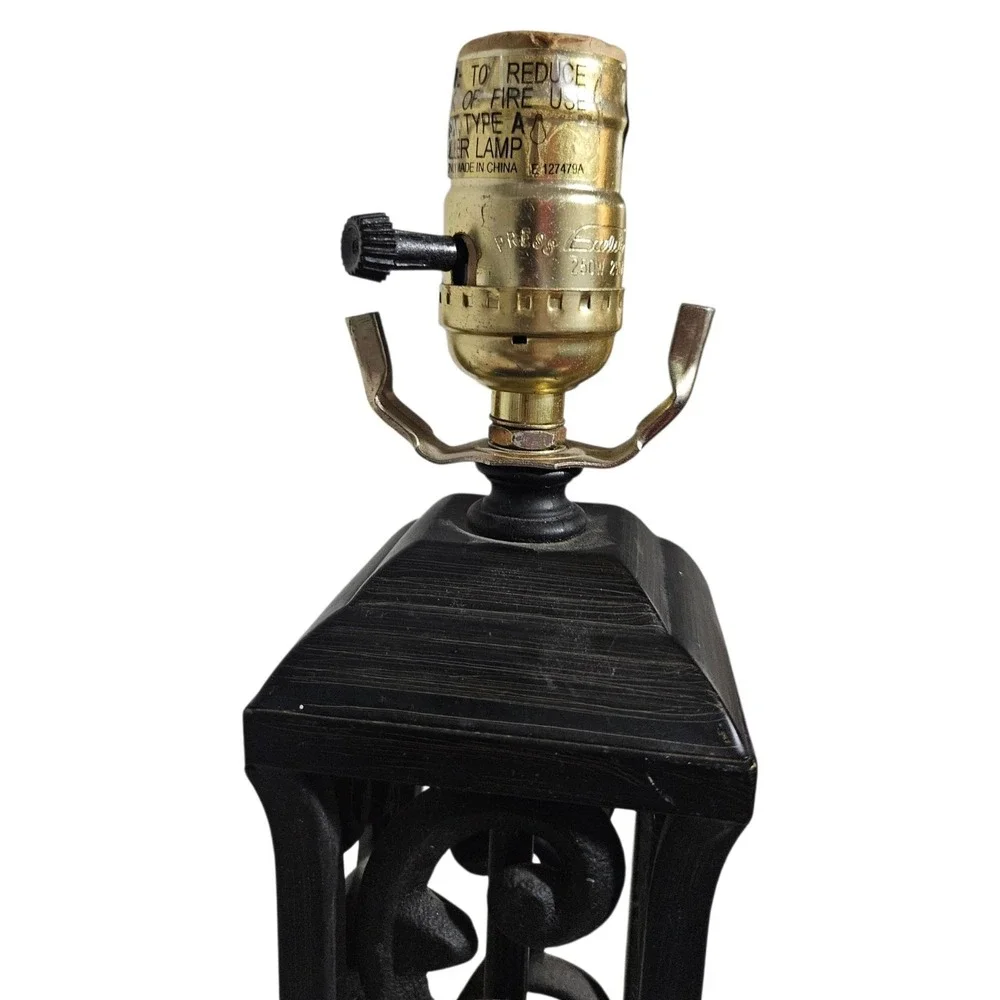 Vintage Black Wrought Iron Table Lamp Gothic Spanish Revival Scrollwork Design
